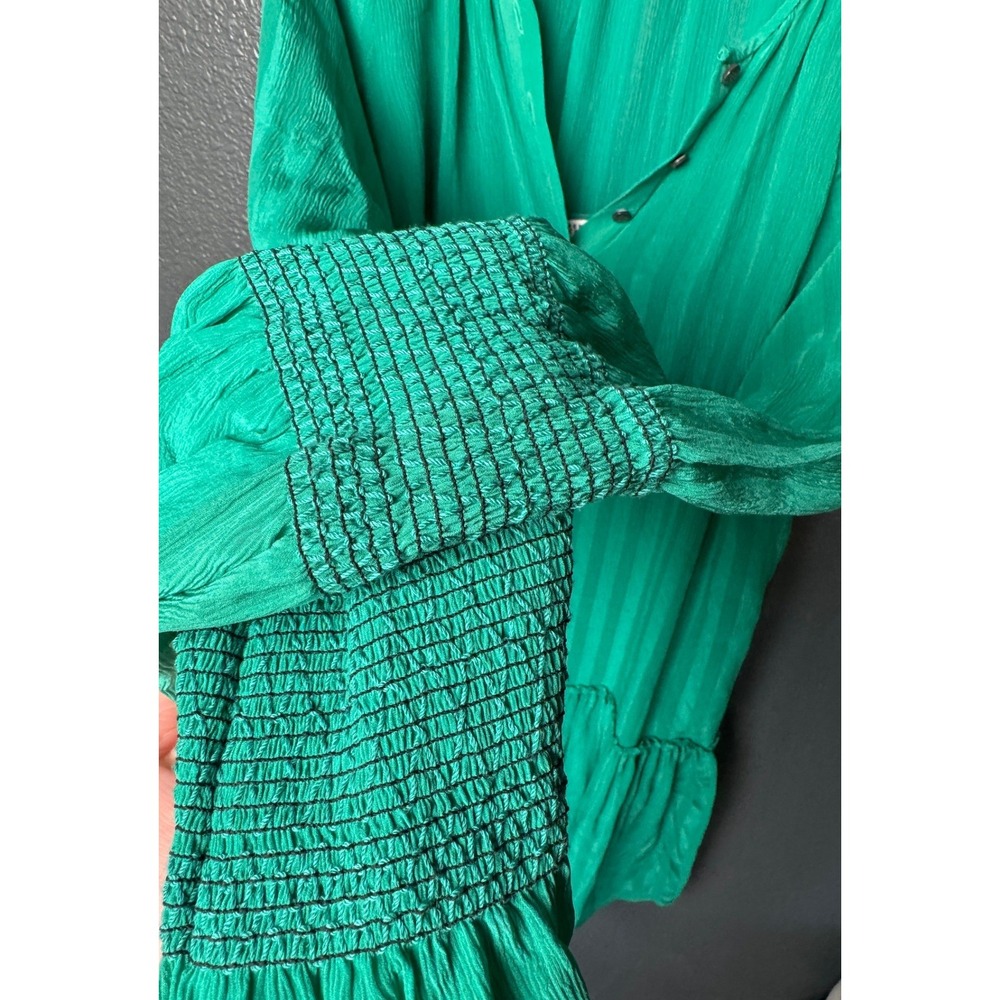 Derek Lam 10 Crosby 100% Silk Green Tiered Mini Dress Smocked Sleeves Size 4 - Picture 5 of 9